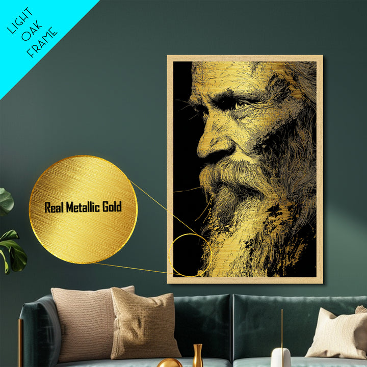 Odin Warrior God Metallic Gold Metal Print, Norse Mythology Inspired Art, Real Wood Frame, Viking Legend Wall Decor Statement