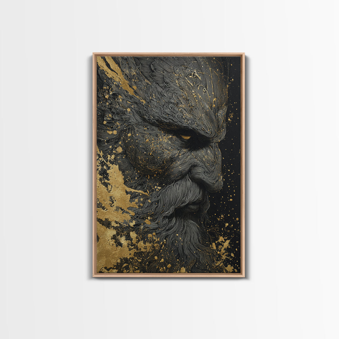 Bearded Warrior Portrait, Textured Detail, Canvas Gold Canvas Print, Mythological Art, Real Wood Frame, Norse Inspired Decor