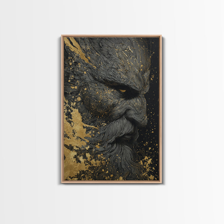 Bearded Warrior Portrait, Textured Detail, Canvas Gold Canvas Print, Mythological Art, Real Wood Frame, Norse Inspired Decor