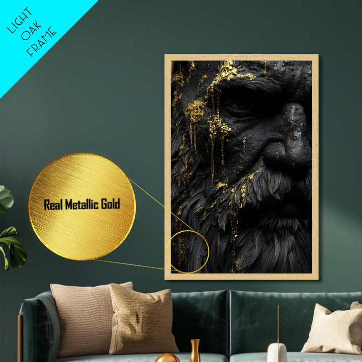 Abstract Mythological Face, Golden Tears Design, Metallic Gold Metal Print, Textured Wall Art, Real Wood Frame, Dramatic Statement