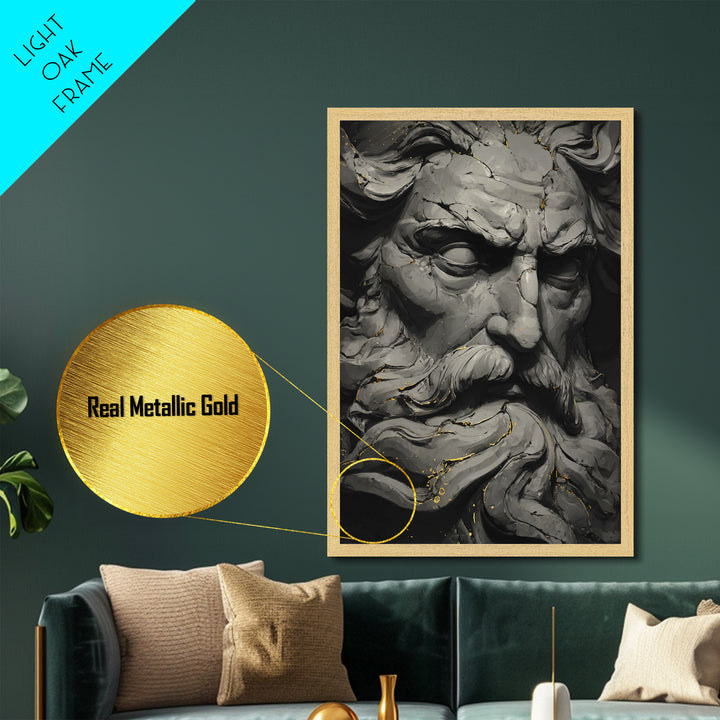 Odin On Throne With Ravens And Wolves, Norse Mythology Decor, Metallic Gold Art, Viking God Print, Real Wood Frame, Nordic Legend
