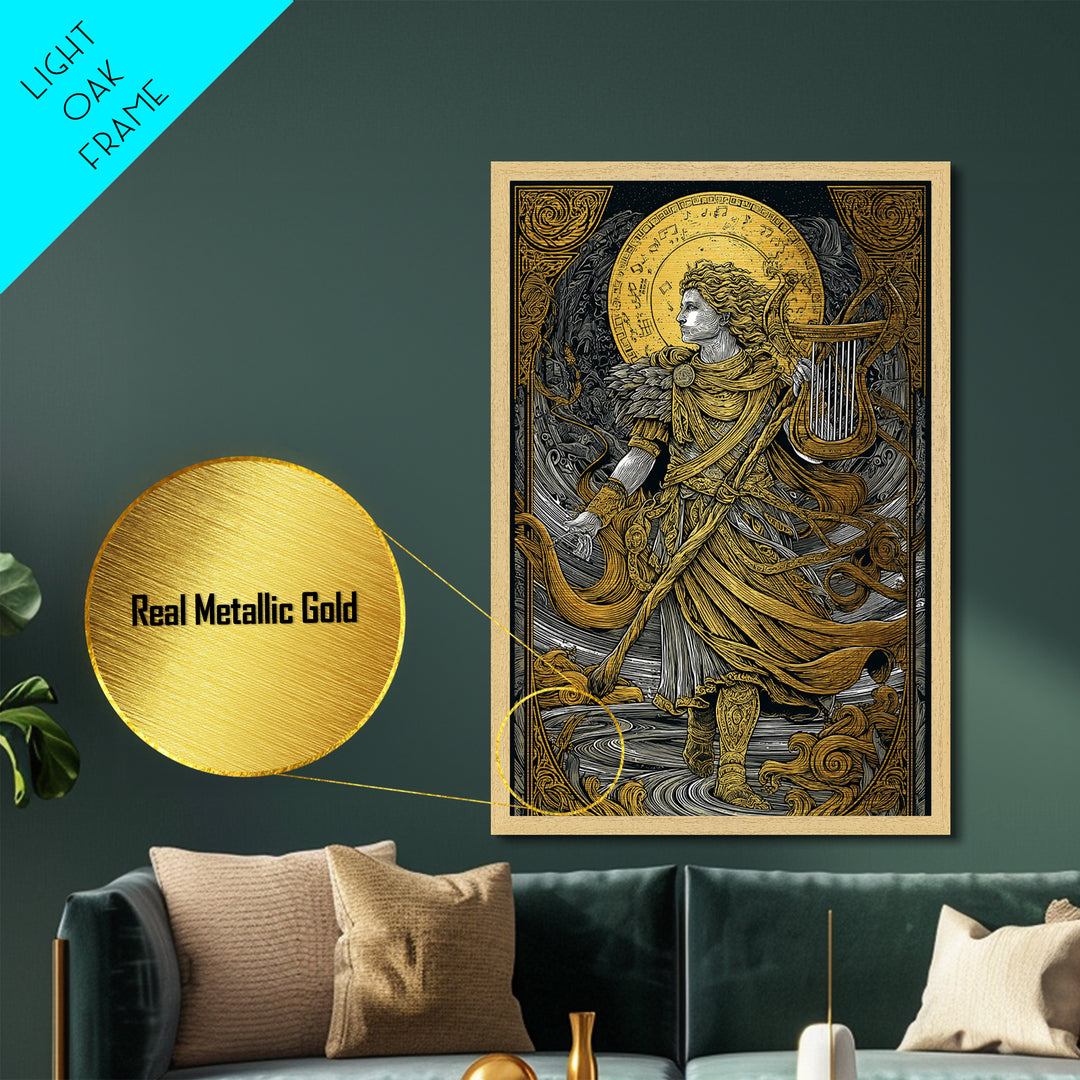 Apollo With Lyre, Greek God Of Music, Mythology Inspired Metallic Gold Metal Print, Elegant Wall Art, Real Wood Frame, Divine Classic