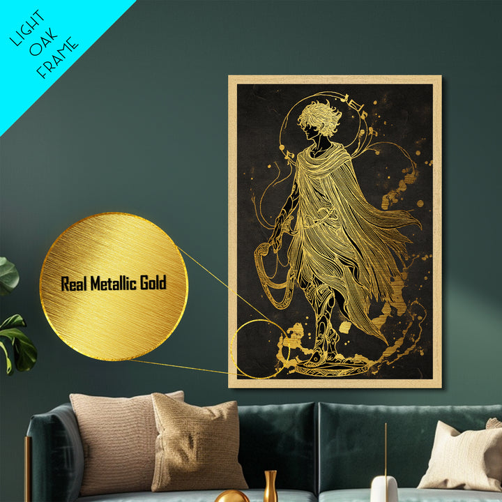 Apollo Figure With Flowing Cloak, Line Art Mythology Design, Metallic Gold Art, Mythical Wall Decor, Real Wood Frame, Elegant Greek