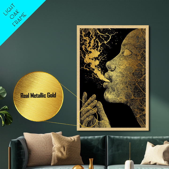 Mystical Goddess Face Exhaling Spirit, Surreal Mythology, Metallic Gold Metal Print, Spiritual Wall Art, Real Wood Frame, Dreamlike