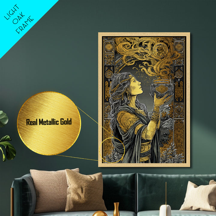 Pandora With Mythical Jar, Ancient Greek Mythology Metallic Gold Art, Detailed Decorative Wall Print, Real Wood Frame, Timeless Classic