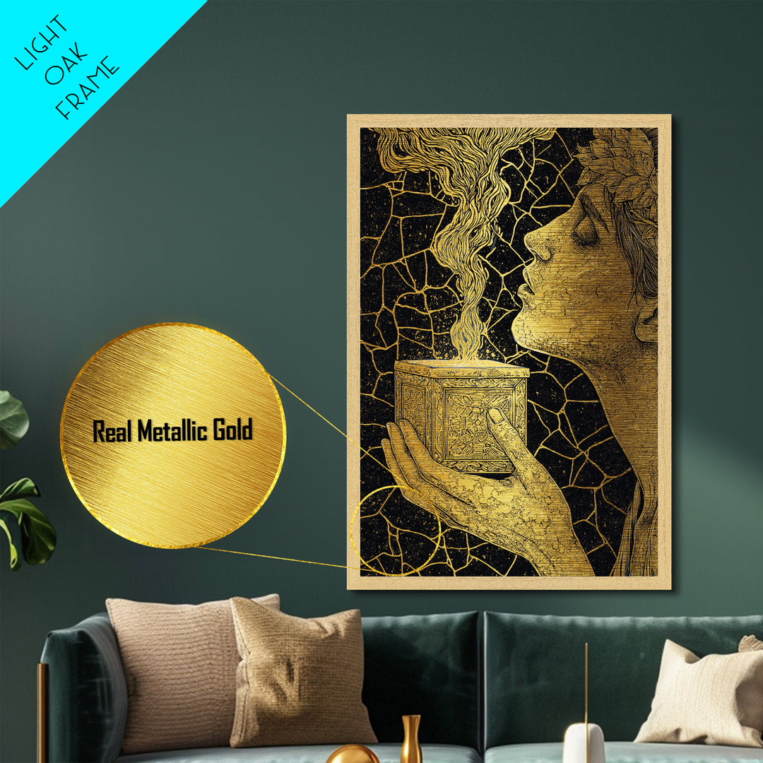 Pandora Opening Mythical Box, Surreal Greek Goddess Design, Metallic Gold Metal Print, Mythological Wall Art, Real Wood Frame, Enchanting