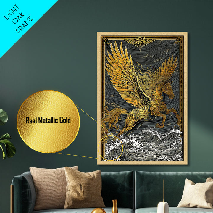 Pegasus Flying Above Waves, Mythical Winged Horse Art, Metallic Gold Art, Greek Mythology Wall Print, Real Wood Frame, Heroic Statement