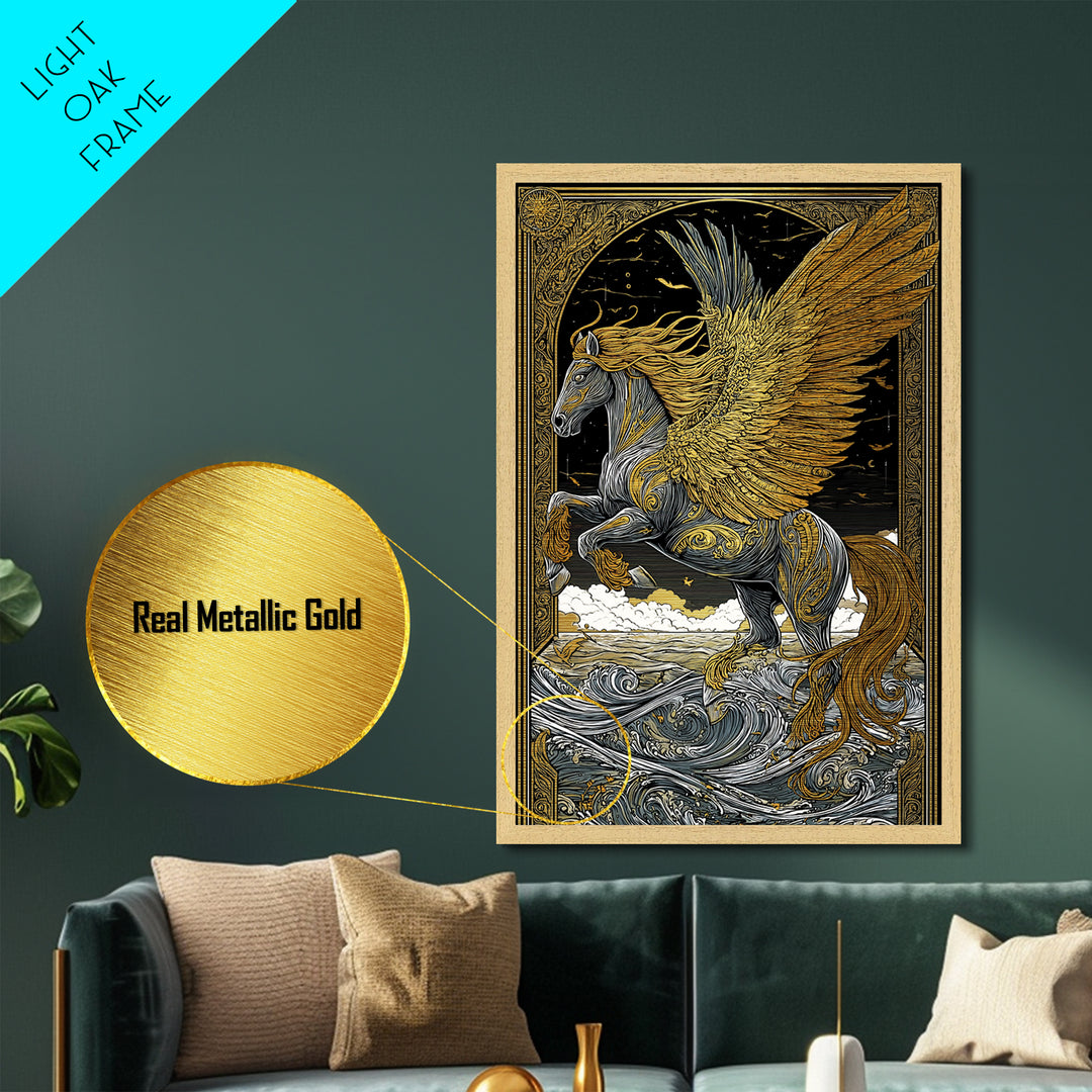 Winged Pegasus Metallic Gold Metal Print, Mythology Wall Art, Luxury Equine Artwork, Real Wood Framed Mythical Decor