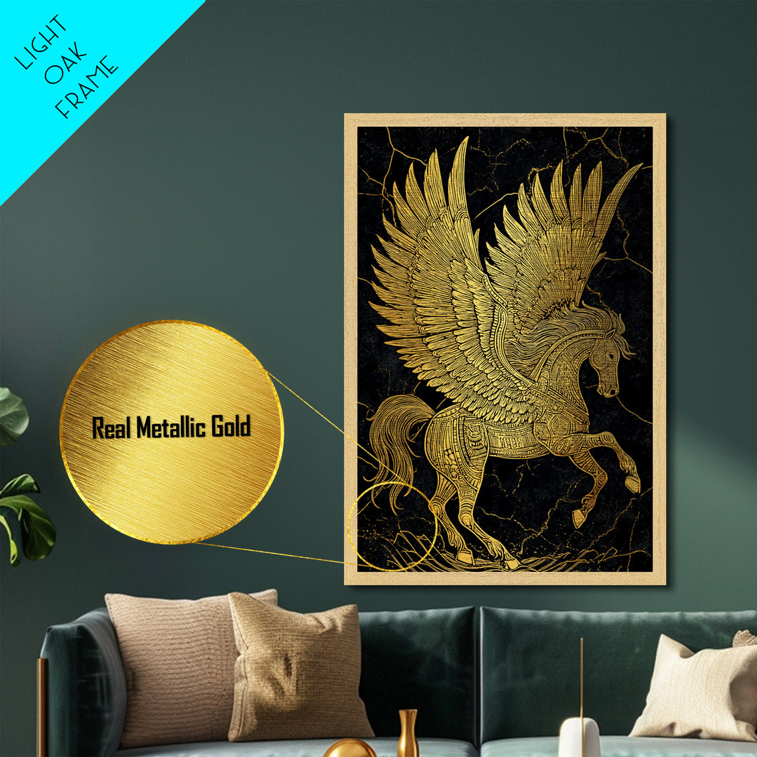 Golden Pegasus Metallic Gold Metal Print, Mythological Horse Artwork, Elegant Home Wall Art, Real Wood Framed Fantasy Decor
