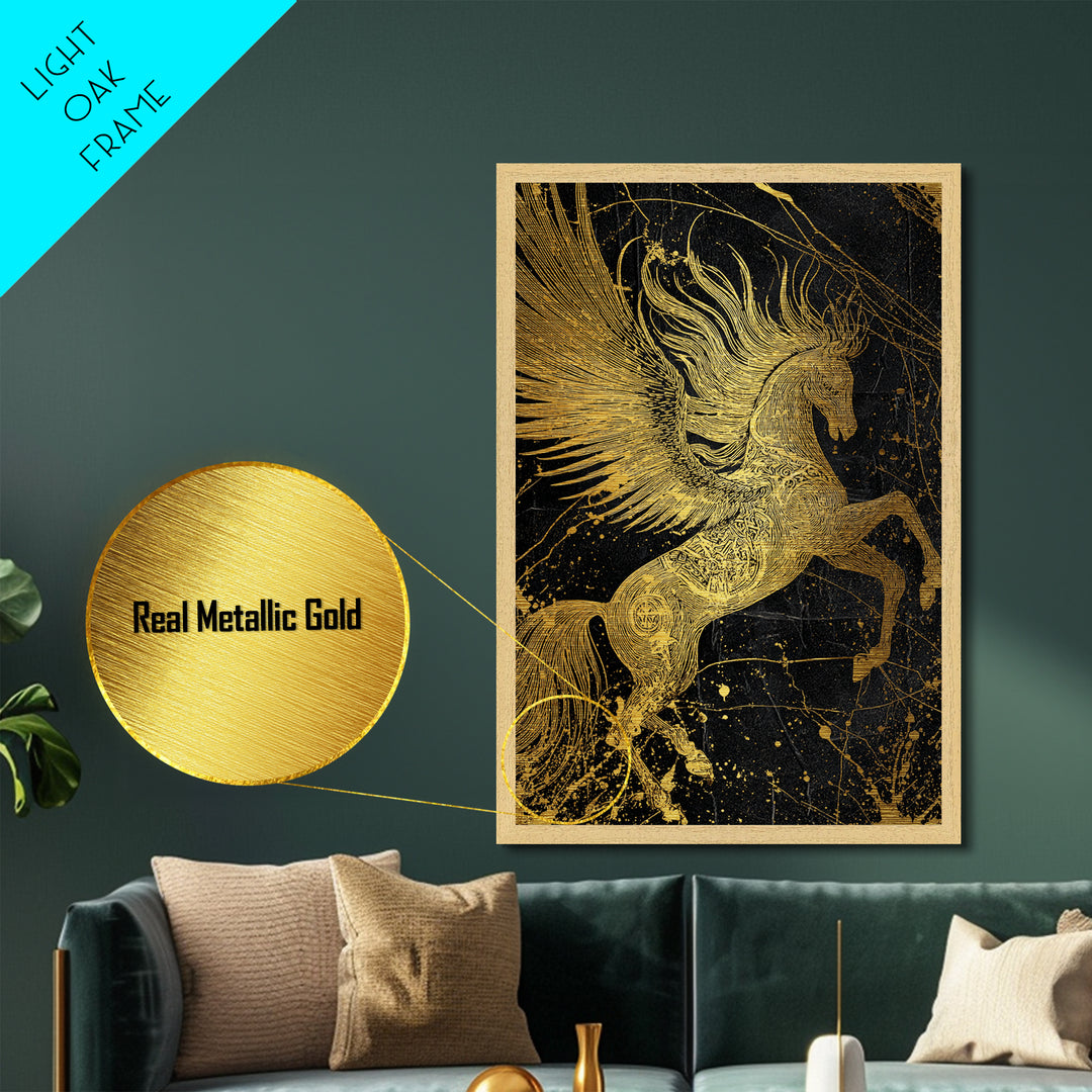 Abstract Pegasus Metallic Gold Art, Mythology Wall Print, Unique Equine Design, Real Wood Framed Modern Mythical Artwork