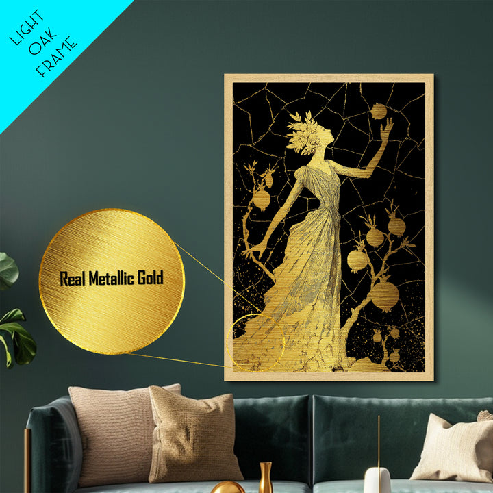 Persephone With Pomegranates Metallic Gold Metal Print, Mythology Wall Art, Elegant Greek Goddess Decor, Real Wood Frame