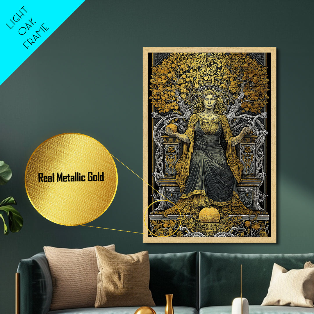 Seated Persephone Metallic Gold Metal Print, Goddess Of Fertility Wall Art, Mythological Decor, Real Wood Framed Artwork