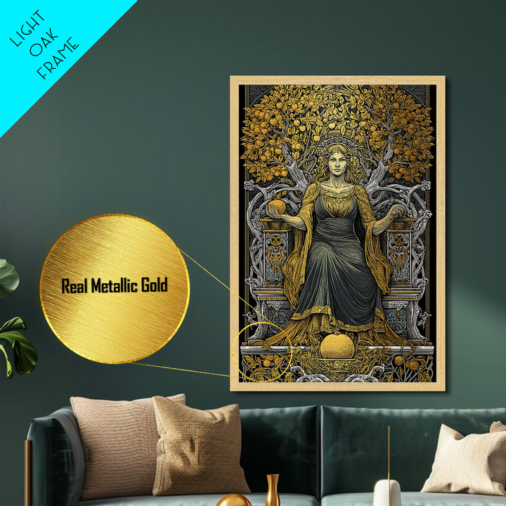Seated Persephone Metallic Gold Metal Print, Goddess Of Fertility Wall Art, Mythological Decor, Real Wood Framed Artwork