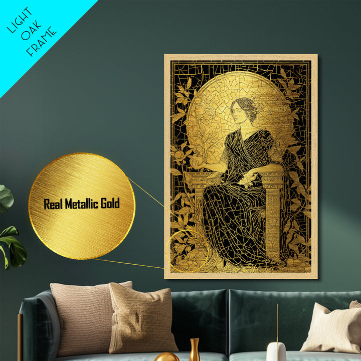 Persephone Mosaic Style Metallic Gold Metal Print, Mythology Wall Art, Goddess Decor, Elegant Greek Inspired Real Wood Frame