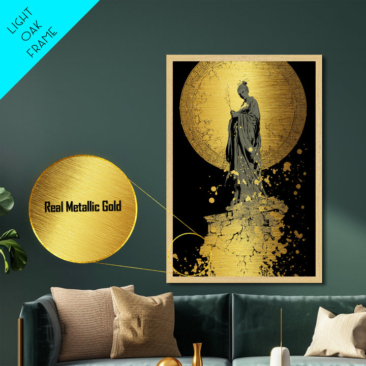 Goddess Statue Metallic Gold Metal Print, Ancient Mythology Wall Art, Elegant Female Figure Artwork, Real Wood Framed Decor