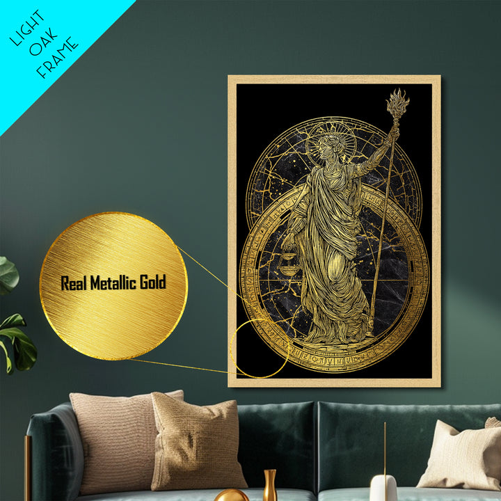 Divine Justice Metallic Gold Metal Print, Goddess With Torch Wall Art, Mythological Decor, Real Wood Framed Elegant Artwork