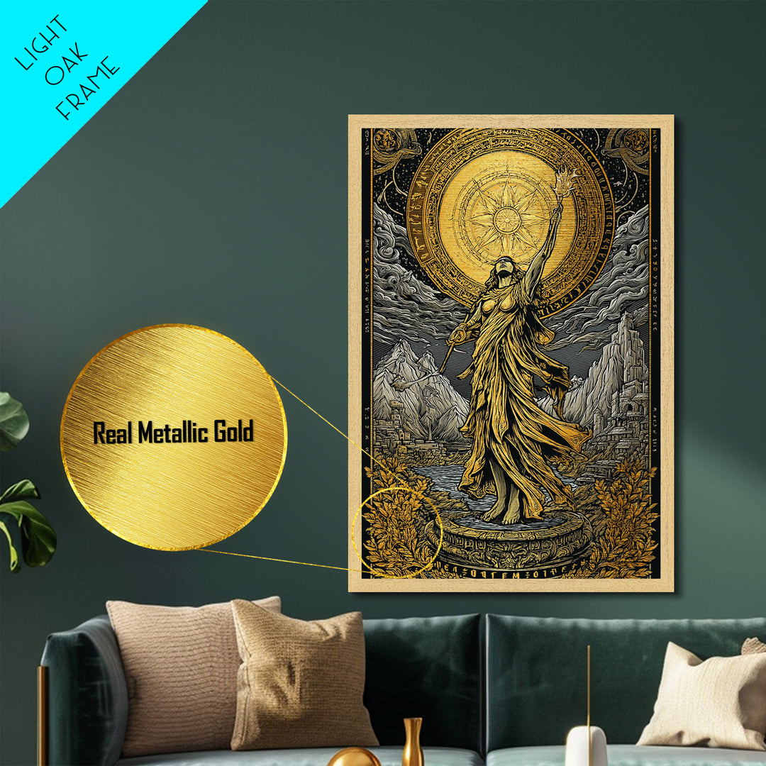 Celestial Goddess Metallic Gold Metal Print, Mythology Wall Art, Radiant Female Figure Artwork, Real Wood Framed Luxurious Decor