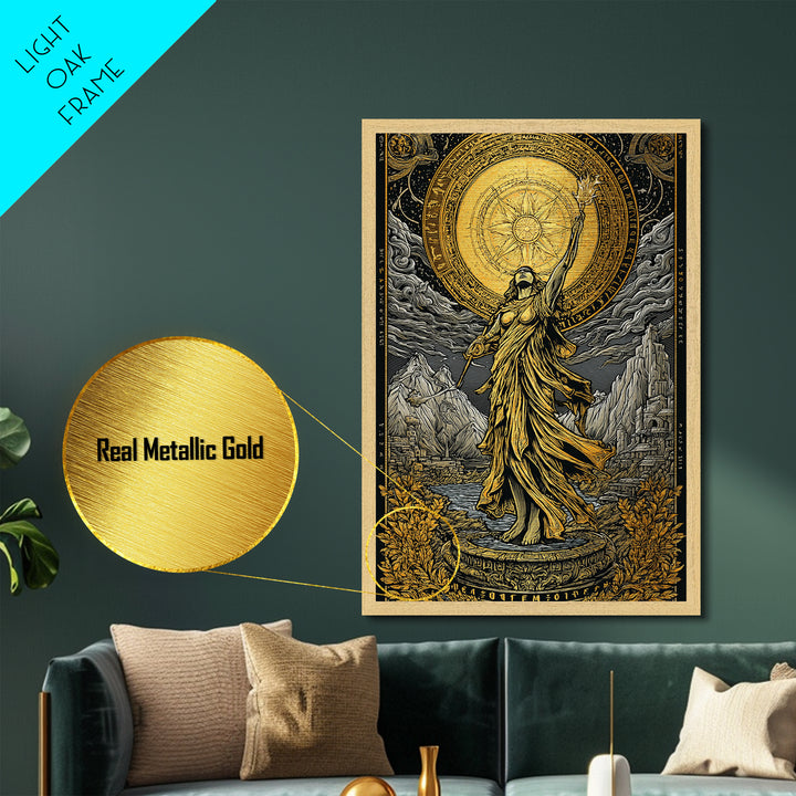 Celestial Goddess Metallic Gold Metal Print, Mythology Wall Art, Radiant Female Figure Artwork, Real Wood Framed Luxurious Decor