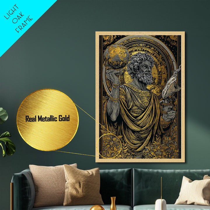 Classical Philosopher Holding Globe Metallic Gold Metal Print, Ancient Scholar Metallic Gold Art, Real Wood Framed Mythology Decor