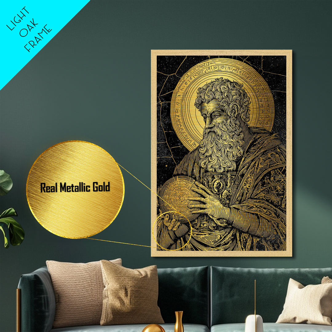 Ancient Philosopher Portrait Metallic Gold Metal Print, Scholar With Cosmic Halo Metallic Gold Art, Real Wood Frame Historical Wall Art
