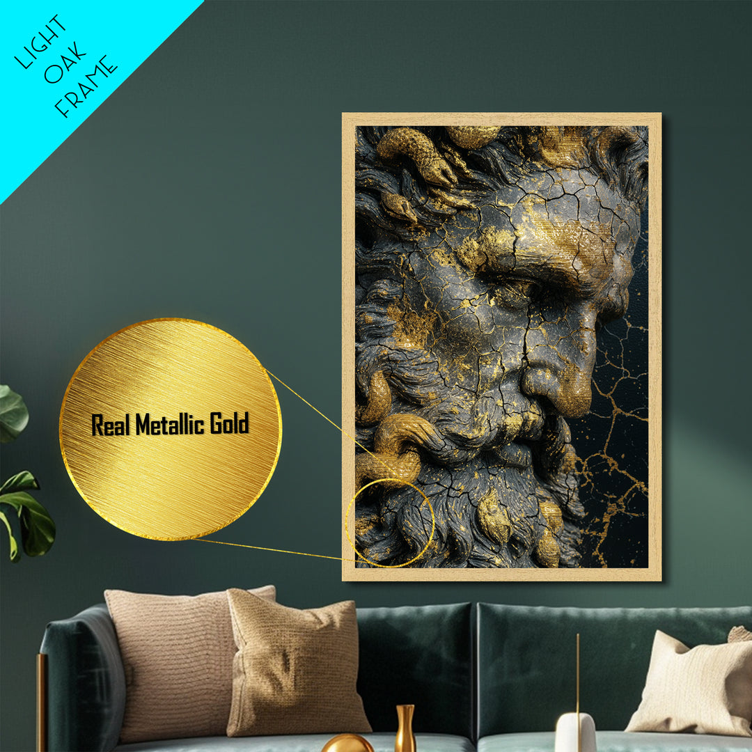 Mythological Sea God Bust Metallic Gold Metal Print, Ancient Ocean Deity Metallic Gold Art, Real Wood Frame Classical Myth Sculpture