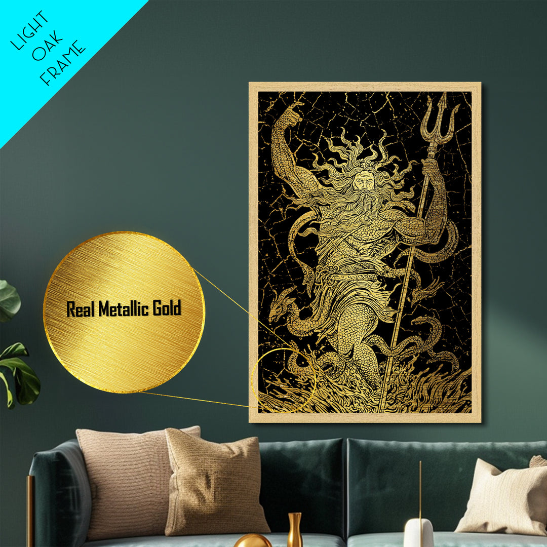 Poseidon Sea God With Serpent Metallic Gold Metal Print, Ocean Deity With Trident Metallic Gold Art, Real Wood Frame Mythological Decor