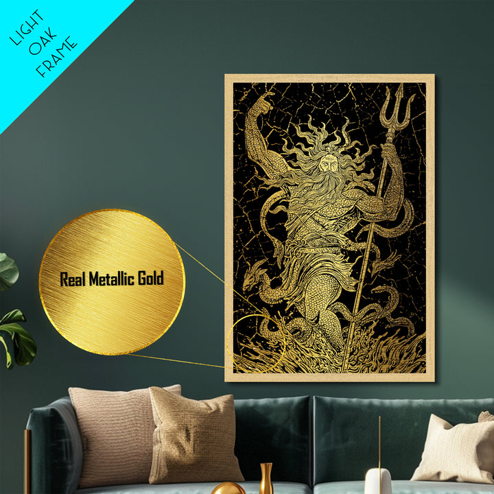 Poseidon Sea God With Serpent Metallic Gold Metal Print, Ocean Deity With Trident Metallic Gold Art, Real Wood Frame Mythological Decor