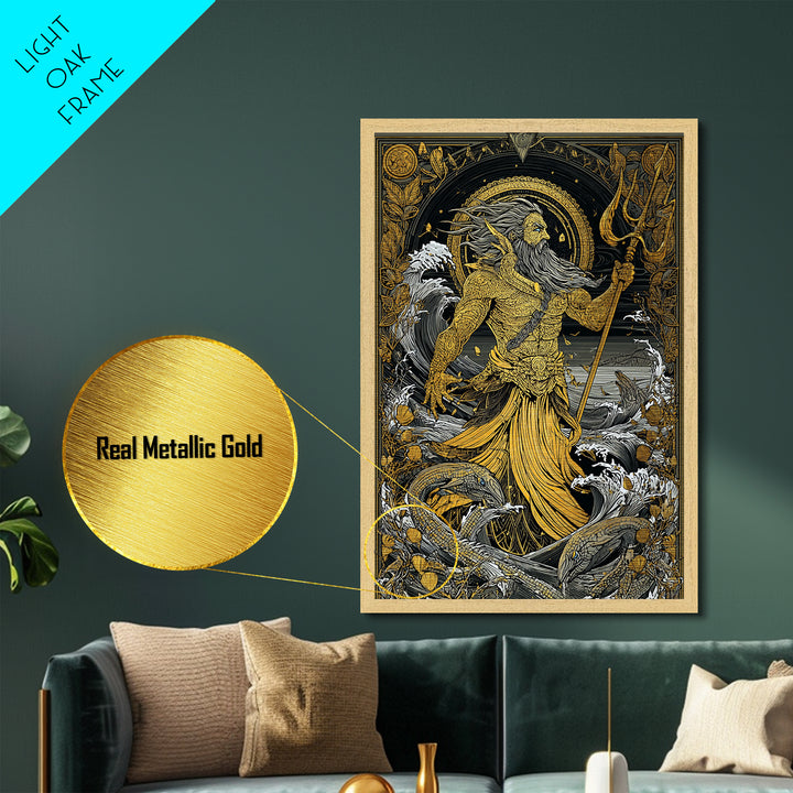 Poseidon Mythical Sea God Metallic Gold Metal Print, Ocean Trident Warrior Metallic Gold Art, Real Wood Frame Ancient Mythology Decor