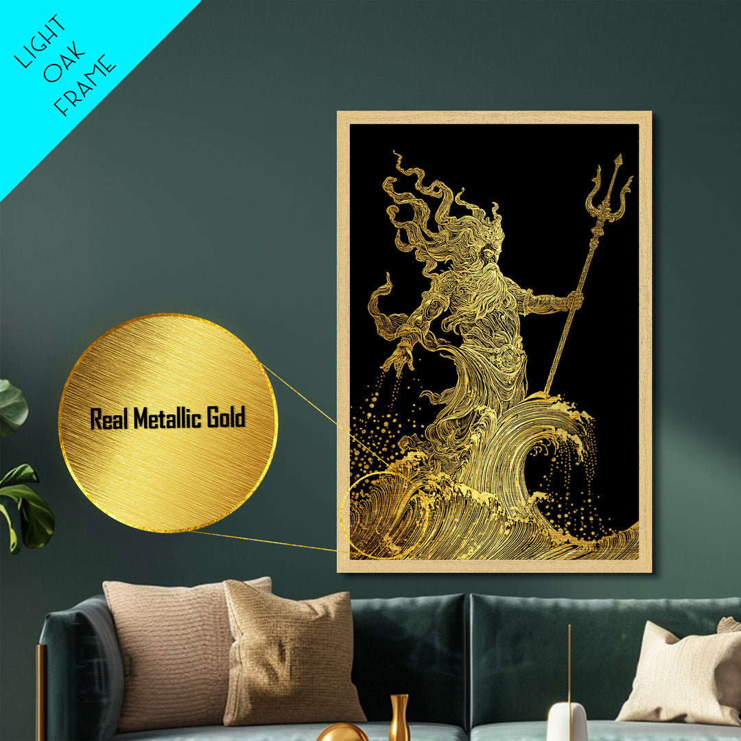 Poseidon Sea God Statue Metallic Gold Metal Print, Ocean Deity With Waves Metallic Gold Art, Real Wood Frame Classical Mythology Decor