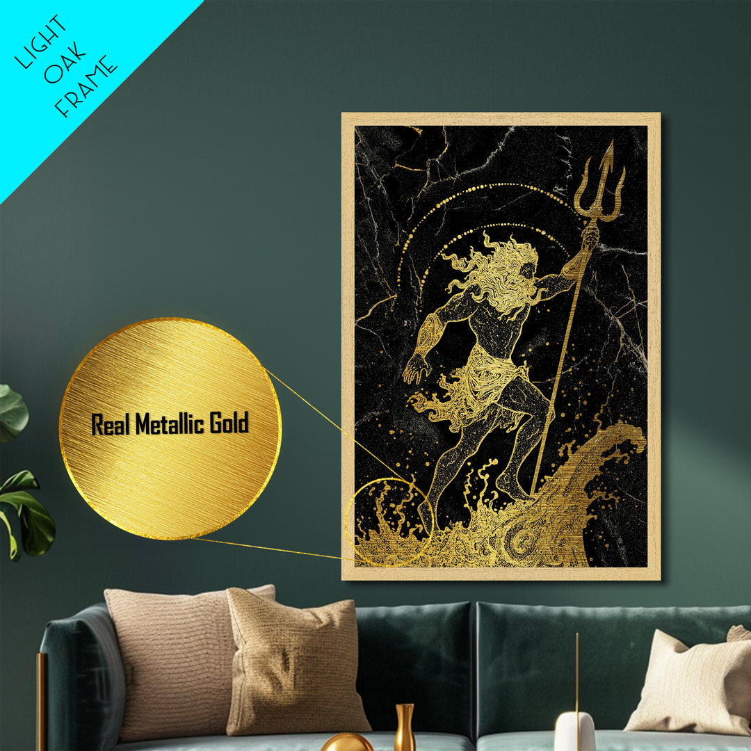 Poseidon Ruler Of The Seas Metallic Gold Metal Print, Ancient Trident God Metallic Gold Art, Real Wood Frame Mythological Wall Decor