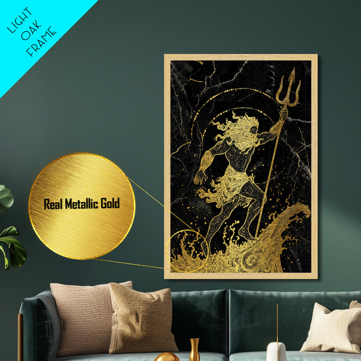 Poseidon Ruler Of The Seas Metallic Gold Metal Print, Ancient Trident God Metallic Gold Art, Real Wood Frame Mythological Wall Decor