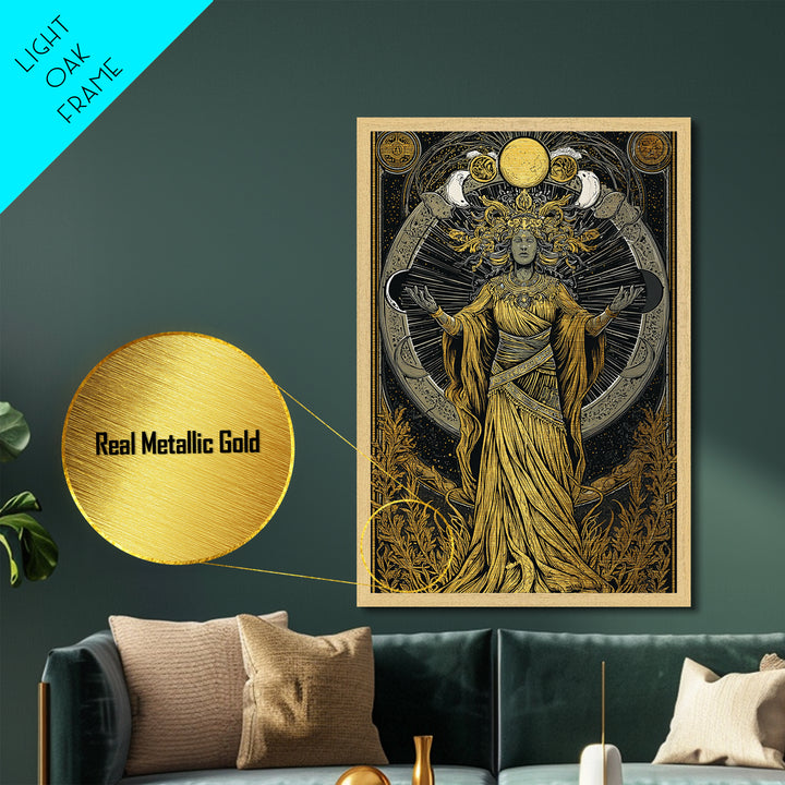 Selene Metallic Gold Metal Print, Moon Goddess Art, Real Wood Frame, Mythology Wall Decor, Celestial Luxury Artwork