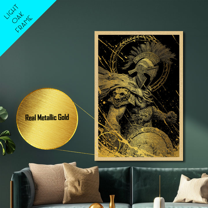 Ares Metallic Gold Metal Print, Greek God Of War Art, Real Wood Frame, Warrior Decor, Mythology Luxury Metal Artwork