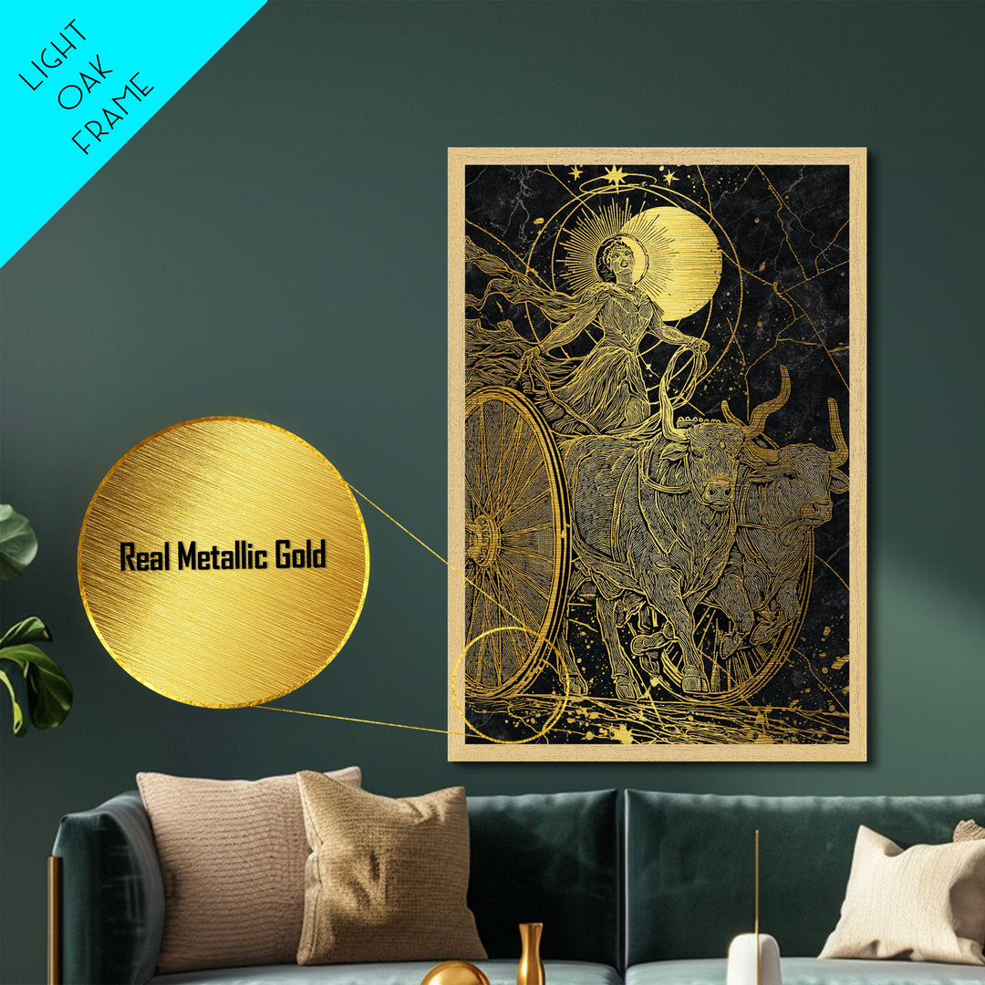 Selene Chariot Metallic Gold Metal Print, Moon Goddess Art, Real Wood Frame, Mythology Decor, Celestial Metal Artwork