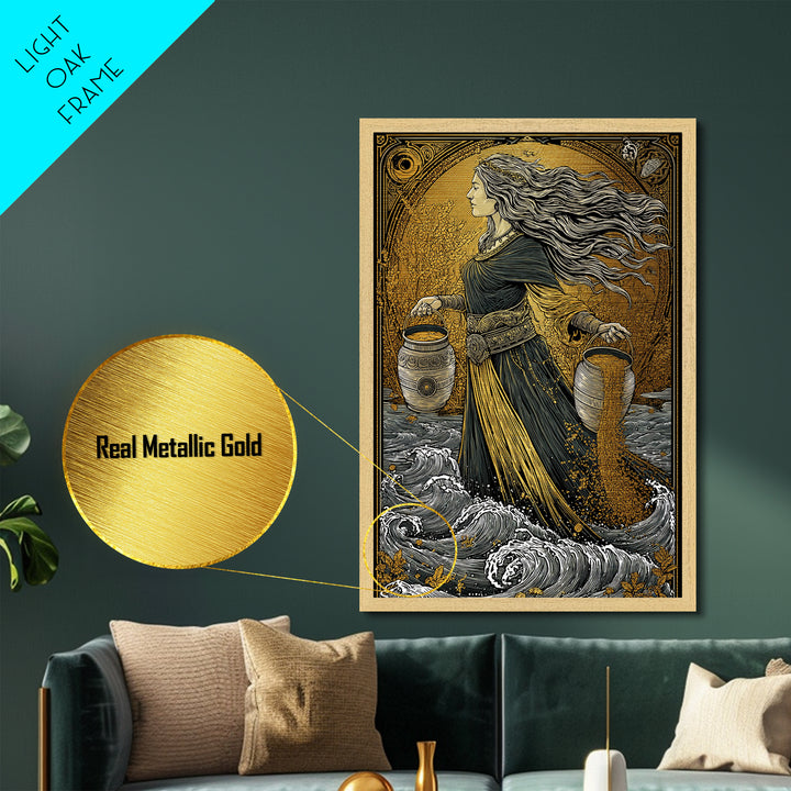 Aquarius Goddess Metallic Gold Metal Print, Mythology Wall Art, Luxury Astrology Artwork, Real Wood Frame, Unique Home Decor