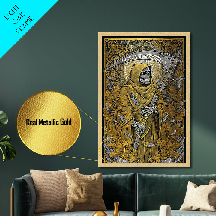 Grim Reaper Metallic Gold Metal Print, Gothic Mythology Wall Art, Skeleton With Scythe Artwork, Real Wood Frame, Dark Decor