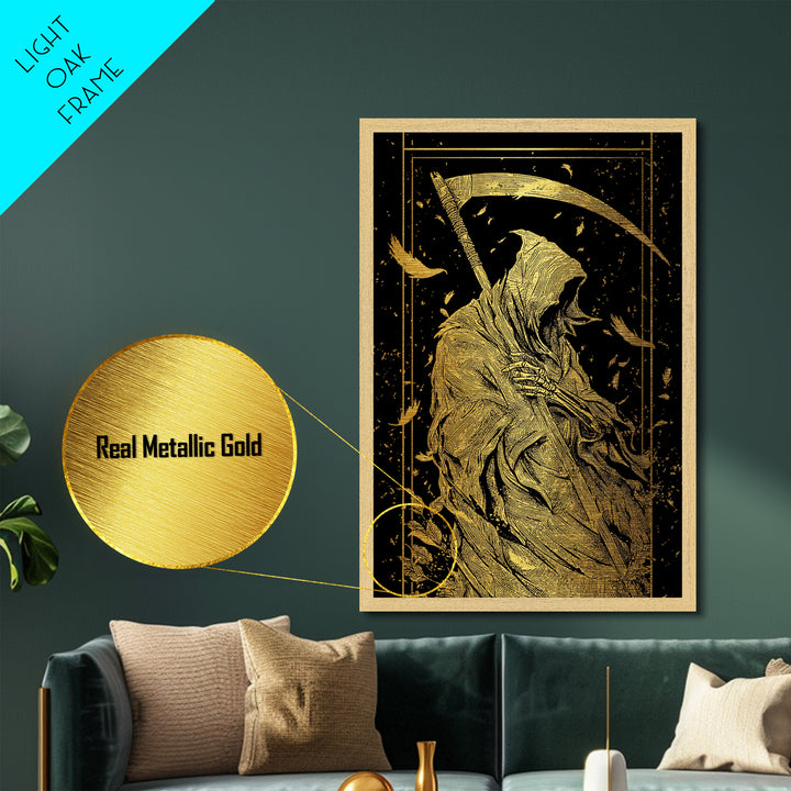 Death Figure Metallic Gold Metal Print, Gothic Skeleton Wall Art, Grim Reaper Mythology Artwork, Real Wood Frame, Dark Decor