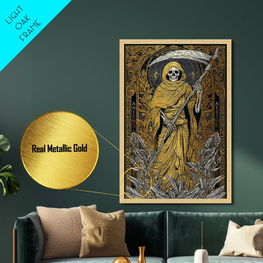 Hooded Skeleton Metallic Gold Metal Print, Grim Reaper Gothic Wall Art, Dark Mythology Artwork, Real Wood Frame, Unique Decor