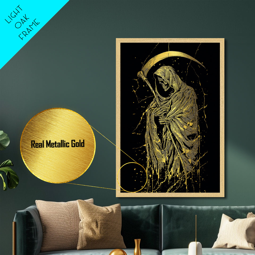 Skeleton With Scythe Metallic Gold Metal Print, Gothic Mythology Artwork, Grim Reaper Wall Art, Real Wood Frame, Macabre Decor