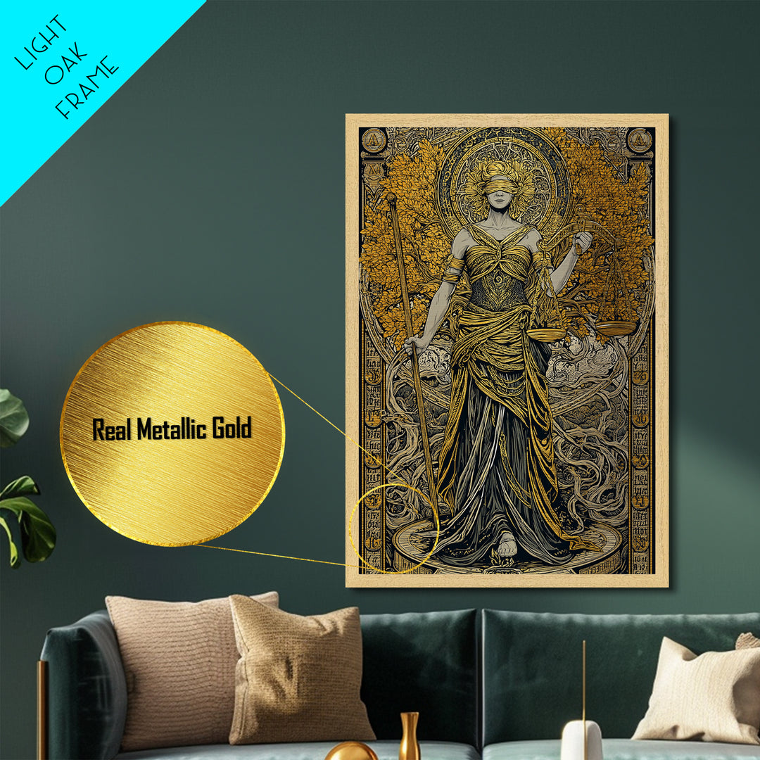 Lady Justice Metallic Gold Metal Print, Mythology Goddess Wall Art, Scales Of Justice Artwork, Real Wood Frame, Elegant Decor