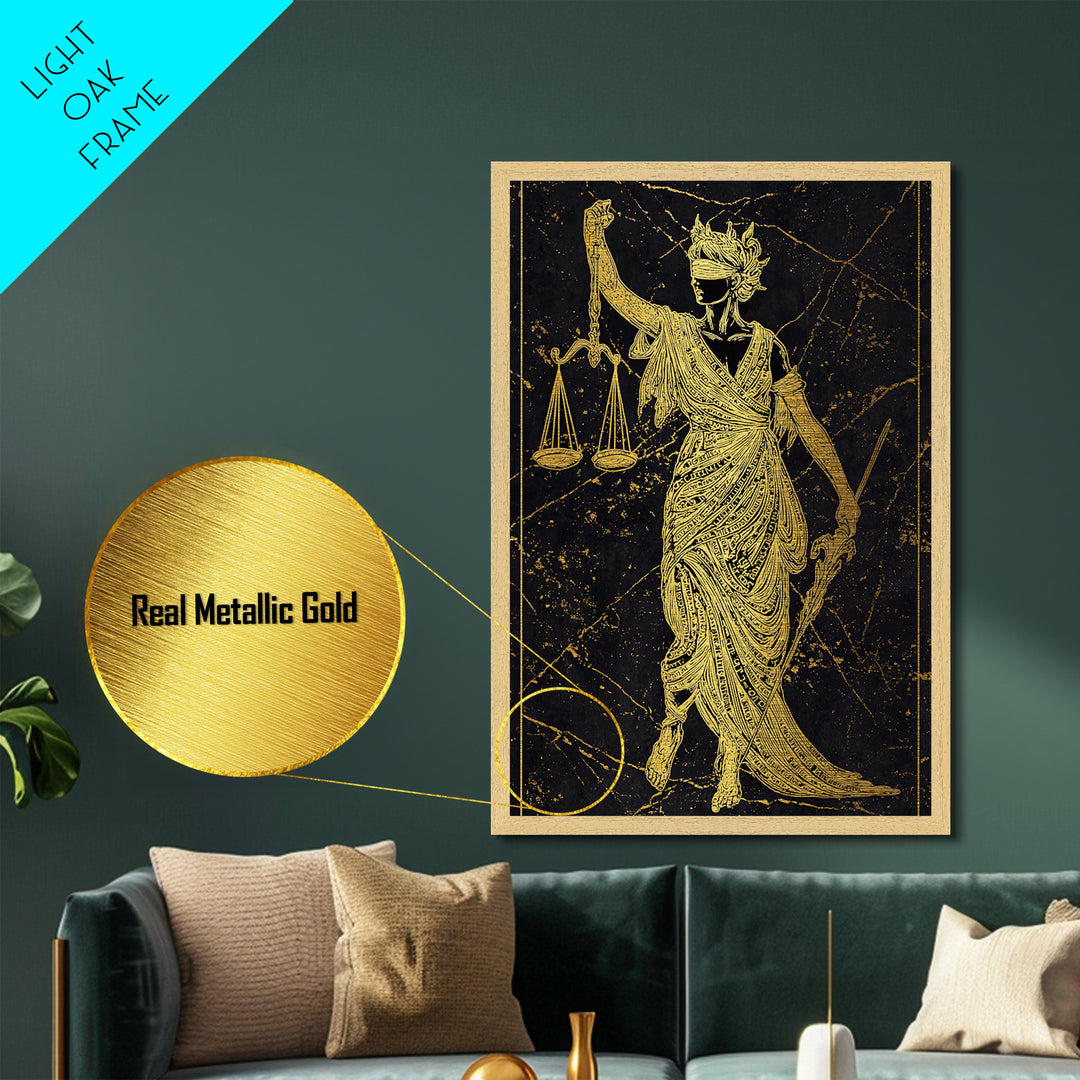 Justice Goddess Metallic Gold Metal Print, Mythology Law And Order Wall Art, Balance Artwork, Real Wood Frame, Statement Decor
