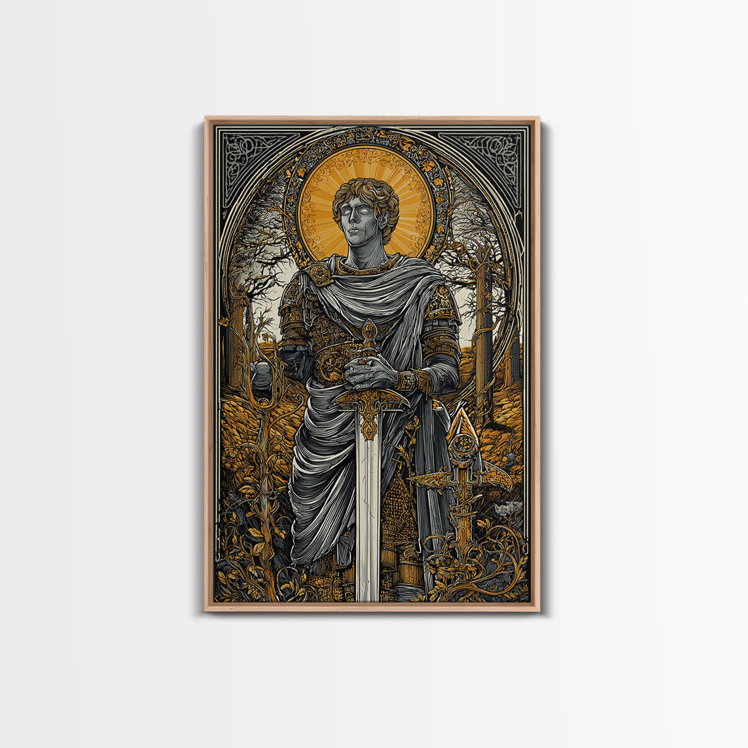 Roman Emperor Canvas Gold Canvas Print, Mythology Warrior Wall Art, Classical Sword Artwork, Real Wood Frame, Ancient Decor