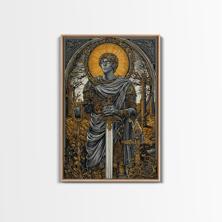 Roman Emperor Canvas Gold Canvas Print, Mythology Warrior Wall Art, Classical Sword Artwork, Real Wood Frame, Ancient Decor