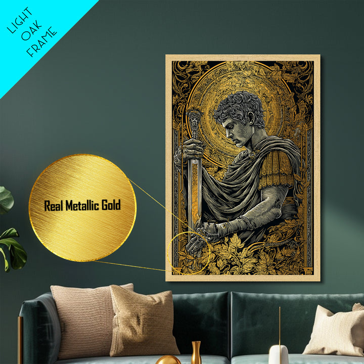 Divine Warrior Metallic Gold Metal Print, Mythology Wall Art, Ancient Roman Decor, Historical Art Style, Elegant Framed Print