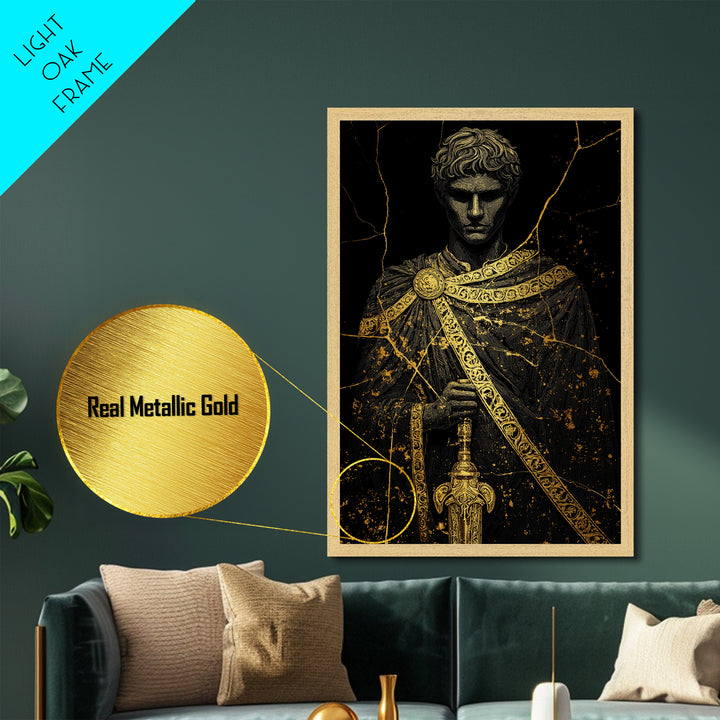Gladiator Metallic Gold Metal Print, Roman Warrior Wall Art, Ancient History Artwork, Mythology Inspired Home Decor, Real Wood Frame