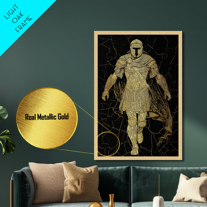 Heroic Roman Metallic Gold Metal Print, Ancient Warrior Wall Art, Luxury Mythology Decor, Historical Emperor Artwork, Real Wood Frame