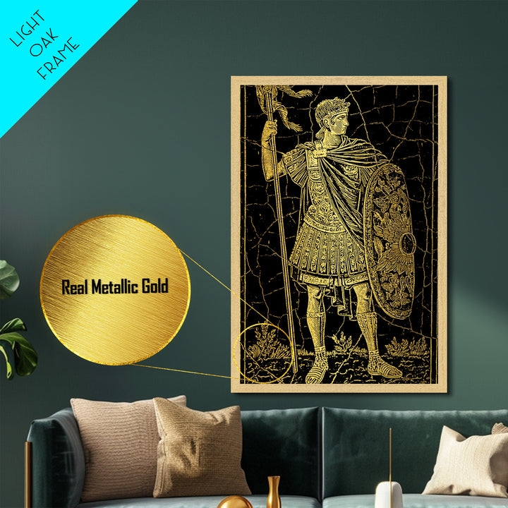 Roman Warrior With Shield, Metallic Gold Metal Print, Mythology Inspired Wall Art, Real Wood Framed Artwork