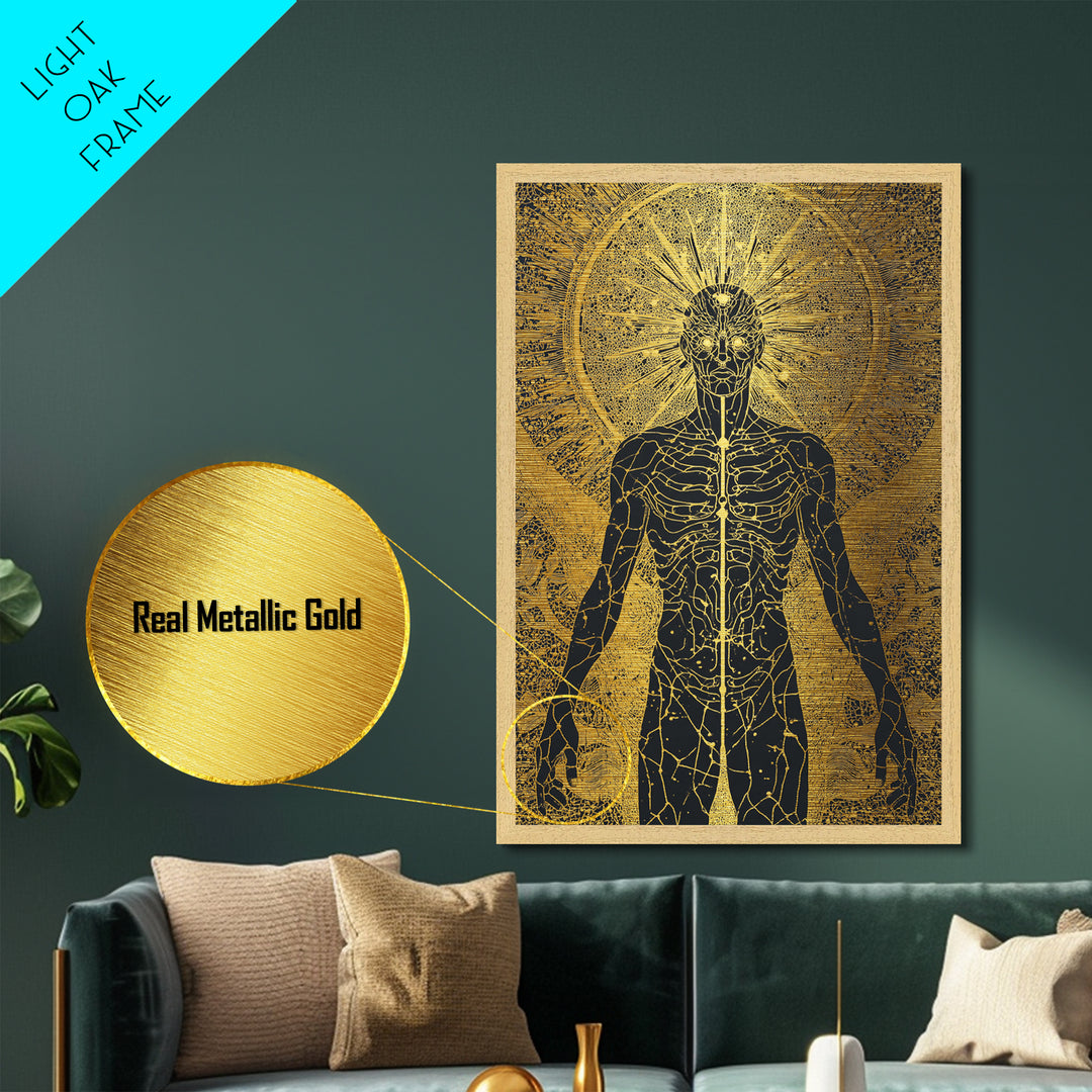 Celestial Radiance Figure, Metallic Gold Art, Mythological Cosmic Wall Print, Spiritual Decor With Real Wood Frame