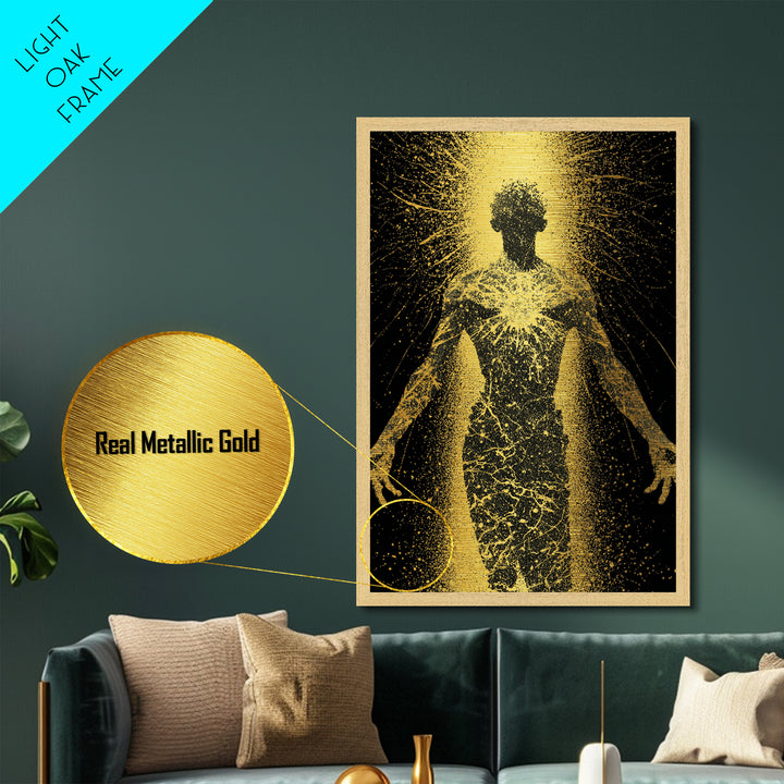 Golden Cosmic Silhouette, Metallic Gold Metal Print, Abstract Mythology Inspired Wall Decor, Real Wood Frame