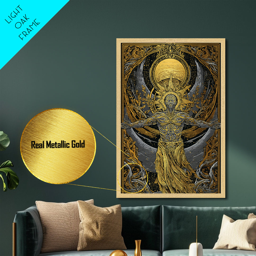 Divine Sun God Artwork, Metallic Gold Metal Print, Mythology Inspired Celestial Wall Art, Real Wood Framed Print